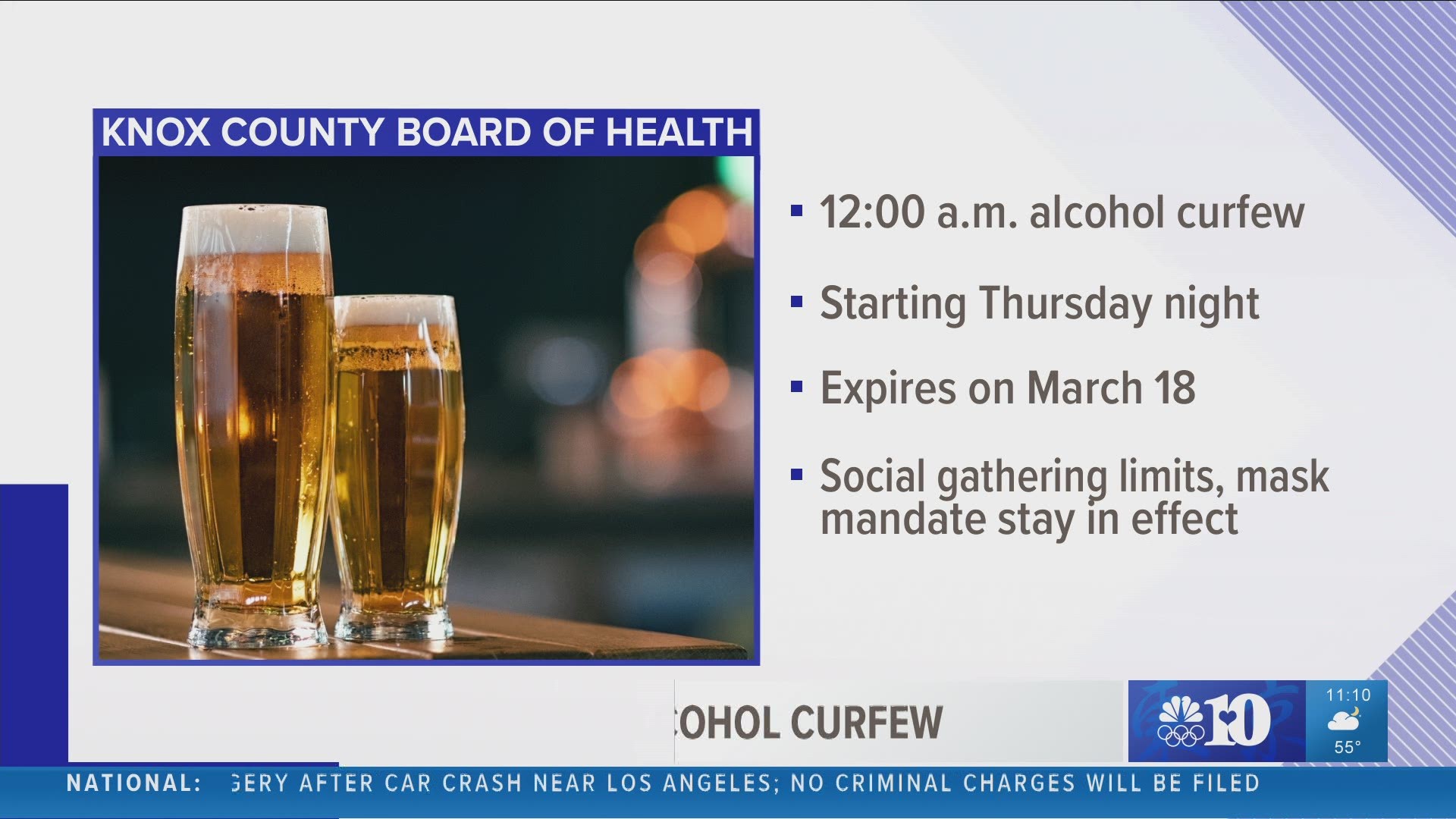 Bars and restaurants will be able to stay open until midnight after the Knox County Board of Health passed a new alcohol curfew on Wednesday.