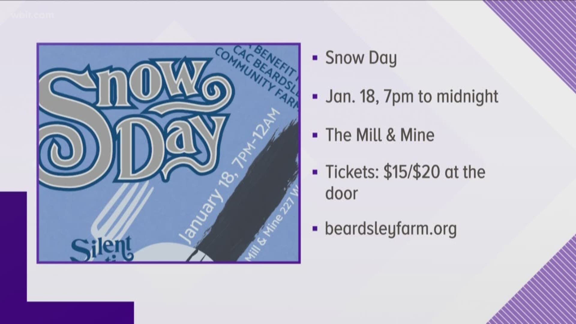 "Snow Day" soup dinner to benefit CAC Beardsley Farm is Jan. 18, from 7pm to midnight, at The Mill & Mine. Event includes locally made soups and music. $15 to pre-order/$20 at the door. To learn more visit beardsleyfarm.org. Jan 14, 2019-4pm