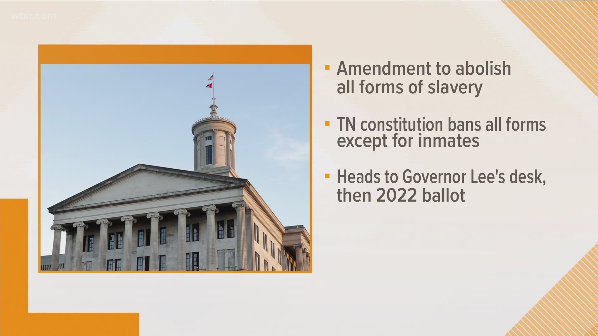 Currently, the Tennessee Constitution bans slavery except as a form of criminal punishment for inmates. If signed by Governor Lee, it will be on the 2022 ballot.