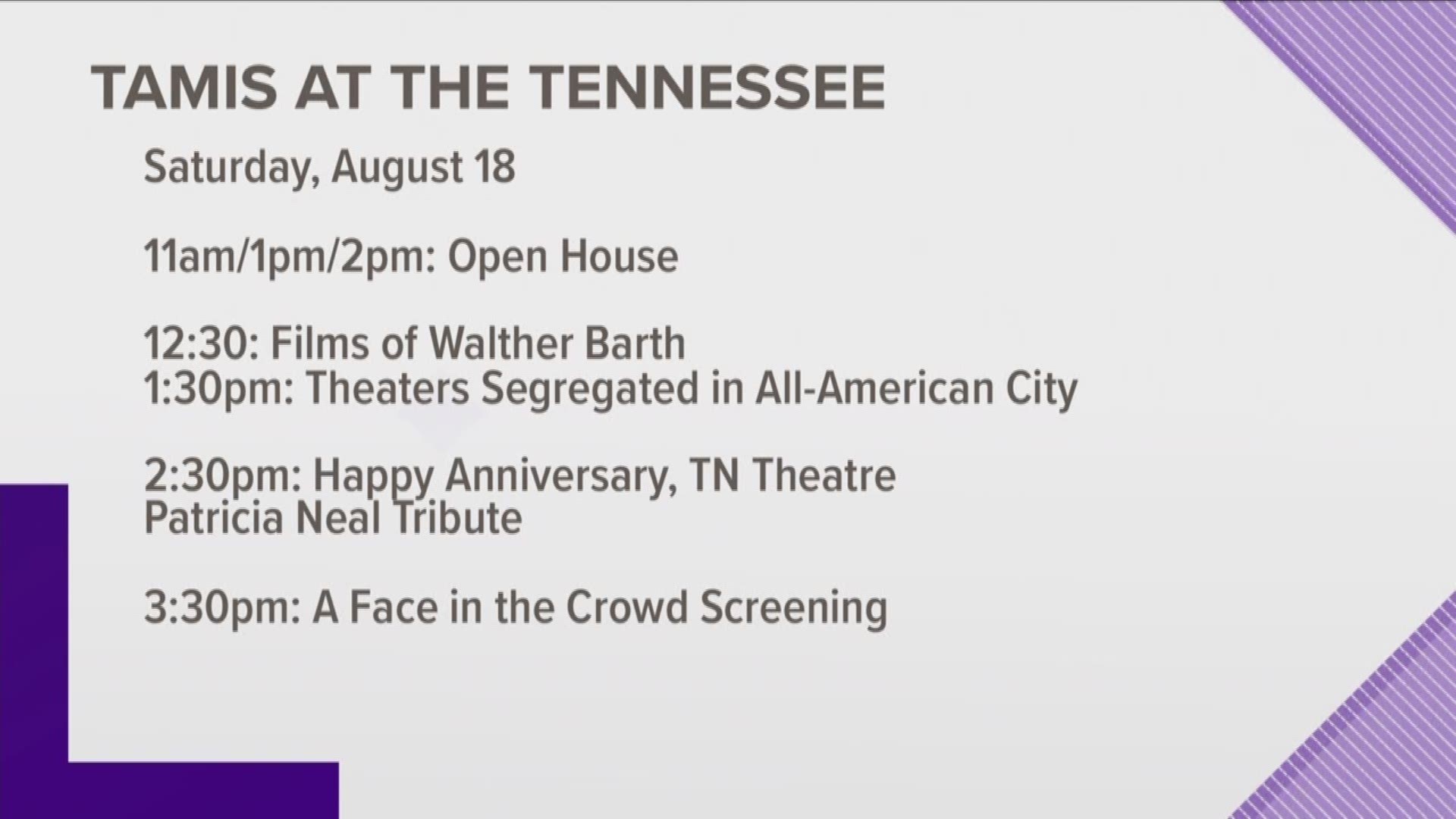 TAMIS at the Tennessee to feature Patricia Neal, a young Andy Griffith, Knoxville's desegregation, and a tribute to John Ward on Saturday, August 18. For more information visit knoxlib.org
Aug. 3, 2018-4pm