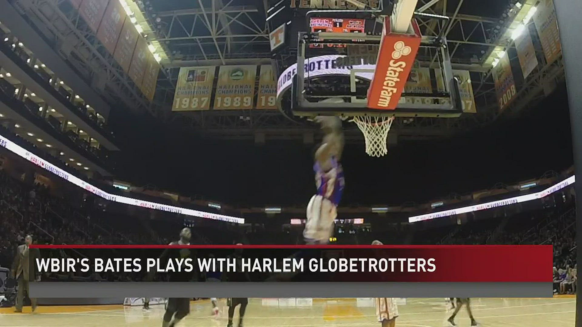 WBIR morning anchor Brandon Bates suited up in the red, white and blue of the Harlem Globetrotters on Tuesday night at Thompson-Boling Arena. He had to guard the World All-Stars' secret weapon, a 7-footer named Cager.