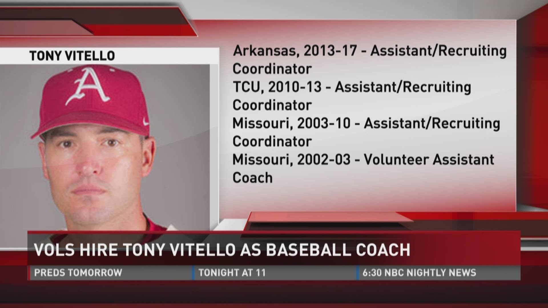 Former Arkansas assistant coach/recruiting coordinator Tony Vitello will be Tennessee's new baseball coach.