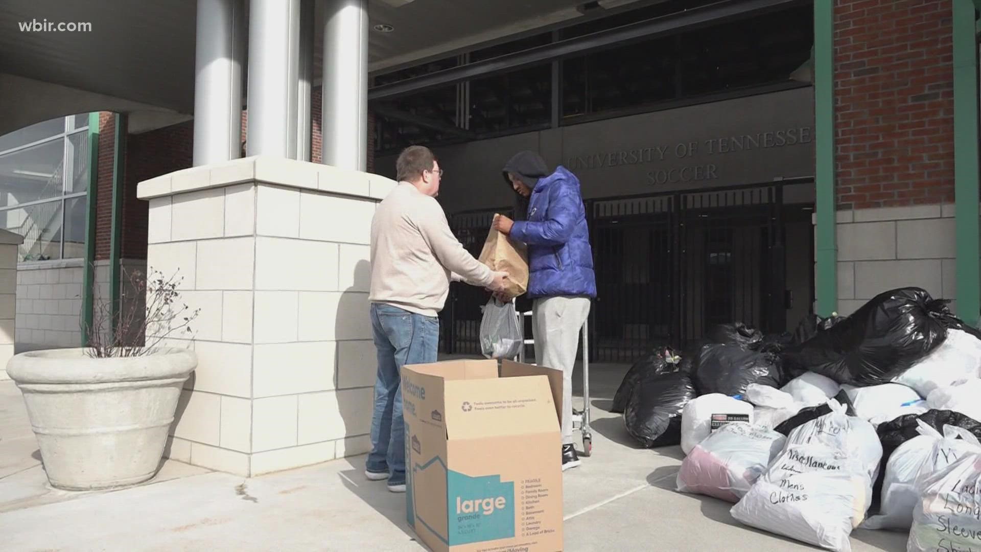 Volunteers from Tennessee Athletics and the Jones Center for Leadership and Service held a donation drop-off site between the softball and soccer stadiums.