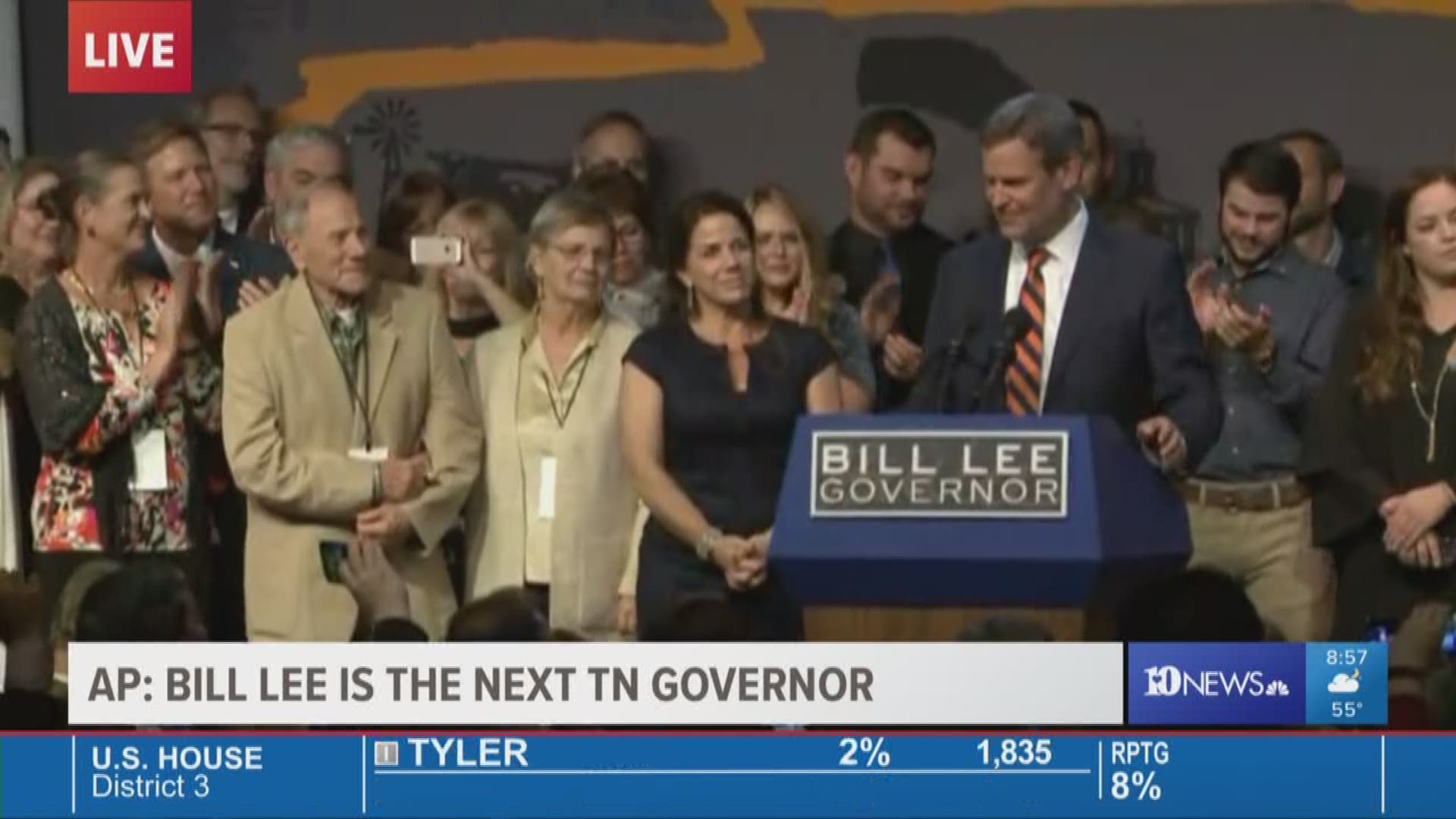 The Republican took the stage in front of supporters amid early projections by multiple outlets he will be the next TN governor