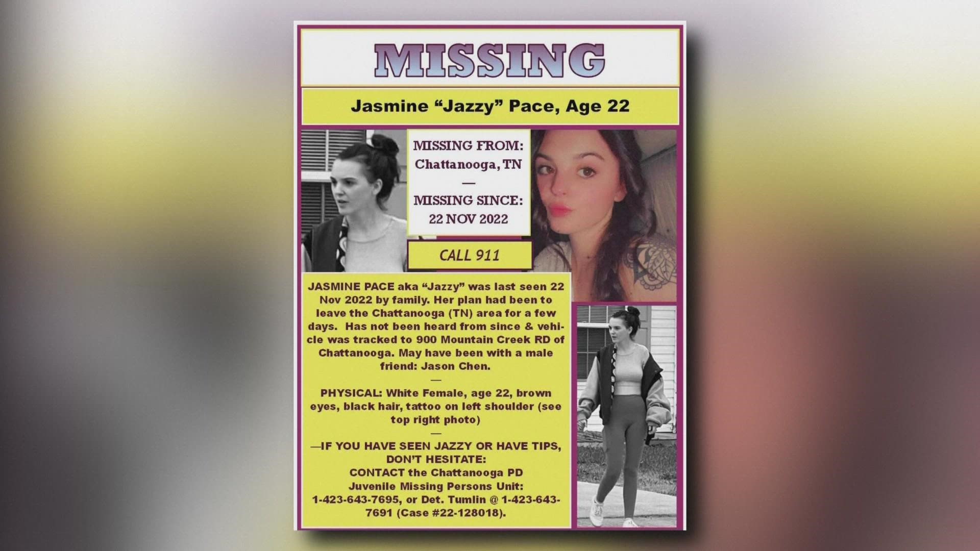 Police said Jasmine Pace, 22, was seen leaving her mother's house but her car was found at an apartment complex unknown to her family.