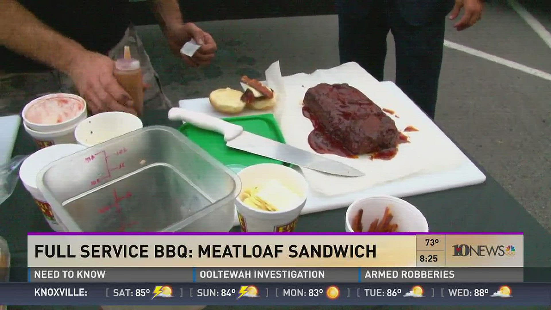 Anthony DiFranco from Full Service Barbeque shows Daniel Sectin how to make a special meatloaf sandwich.