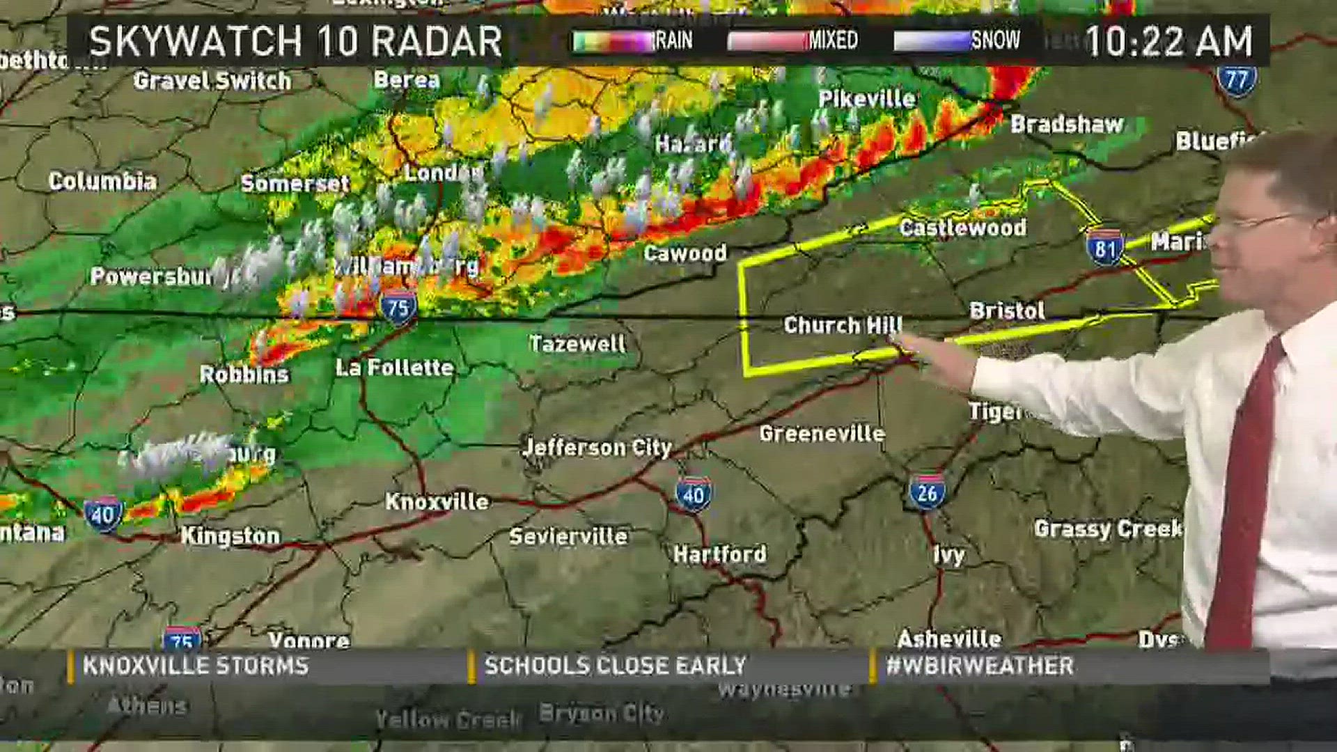 Noon on March 1, 2017: Strong thunderstorms, high winds and possible hail in East Tennessee.