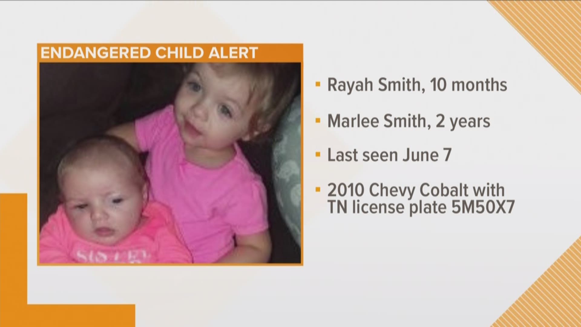 TBI has issued an Endangered Child Alert for 10-month old Rayah Smith and 2 year old Marlee Smith. The TBI says this picture is dated- but both girls have brown hair and blue eyes.