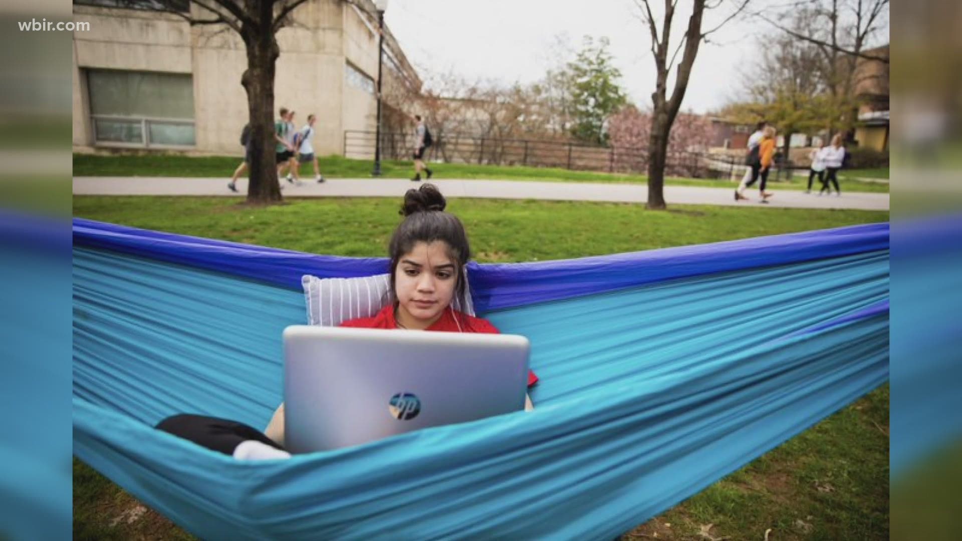 UT set up these hammock stands across campus along with tents for outdoor studying.