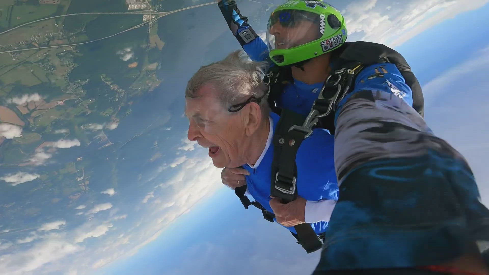 He began skydiving in 2017 when he was 83 years old. His 90th birthday jump was his third time doing it.