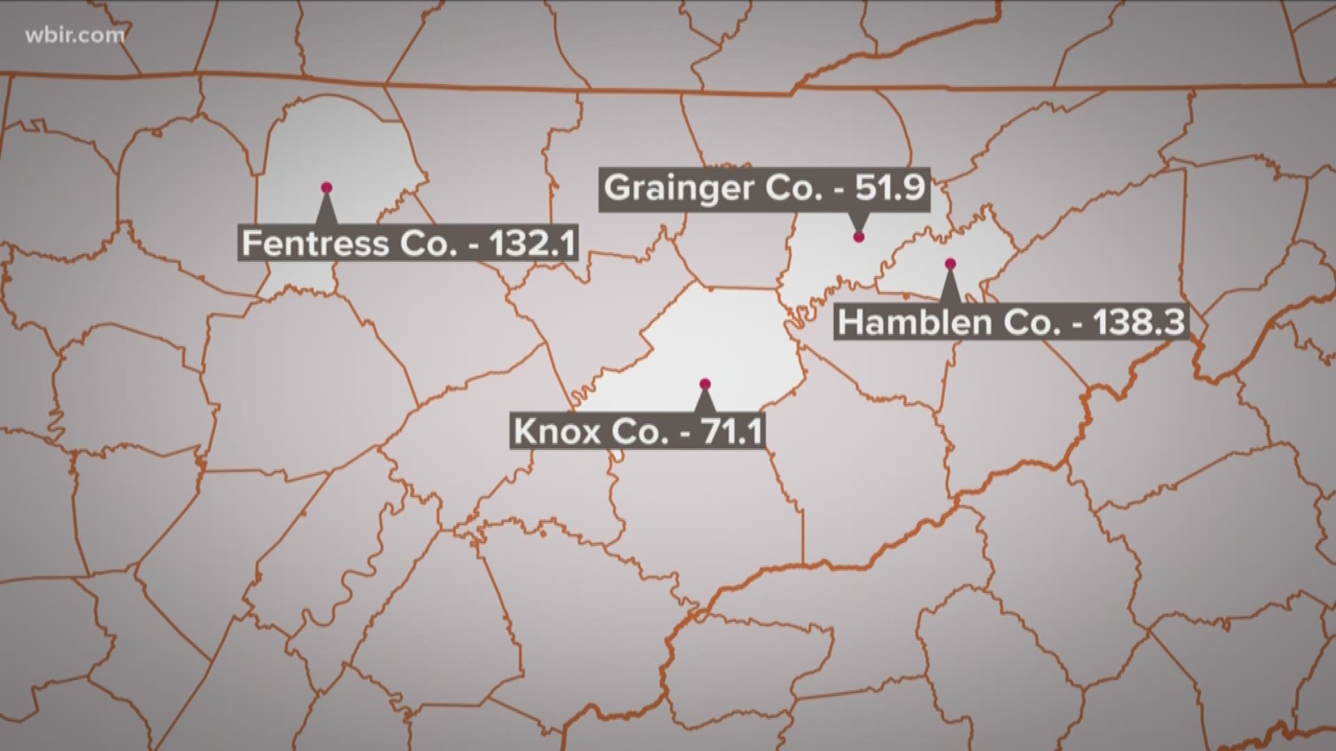 Fentress and Hamblen Counties lead the region with more than 130 pills distributed per person per year on average, the study found.