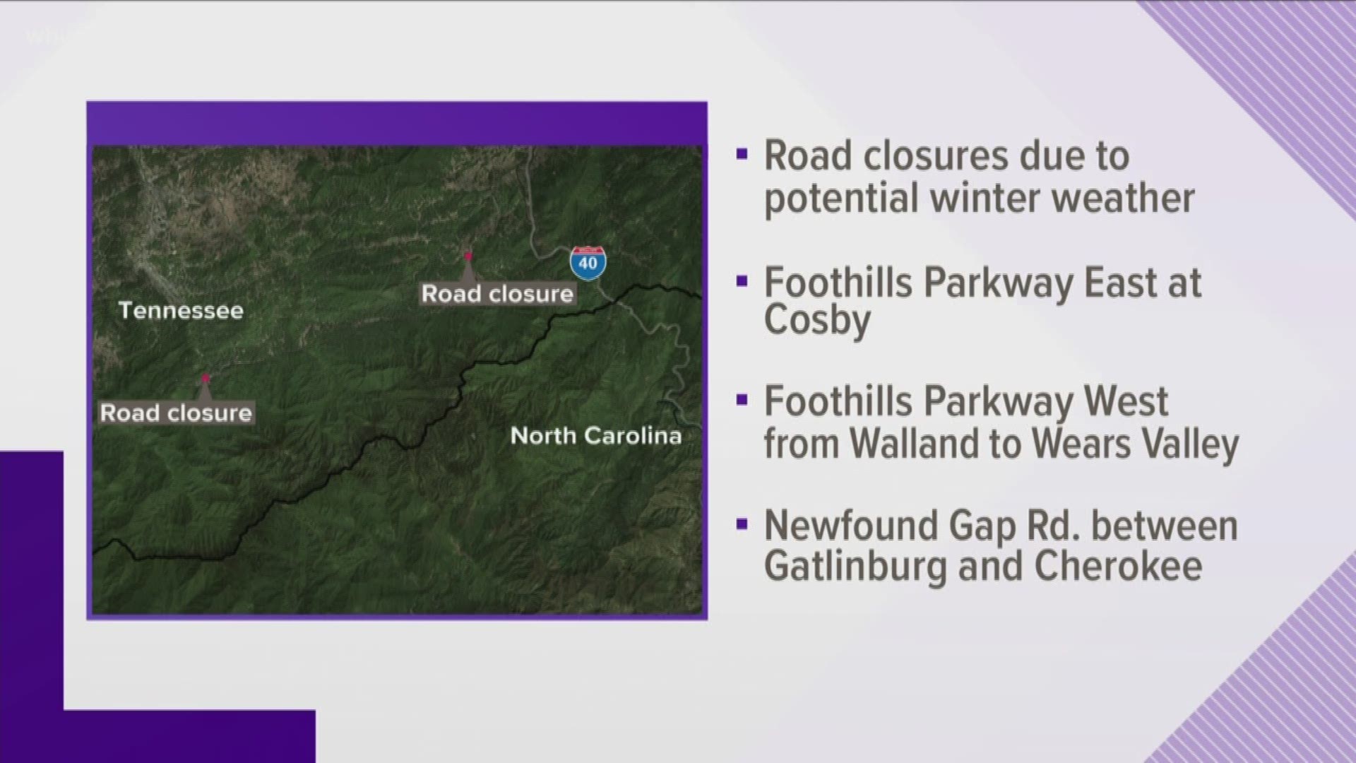Great Smoky Mountain Park officials said Foothills Parkway East at Cosby and Foothills Parkway West from Walland to Wears Valley closed at 4 p.m. Sunday.