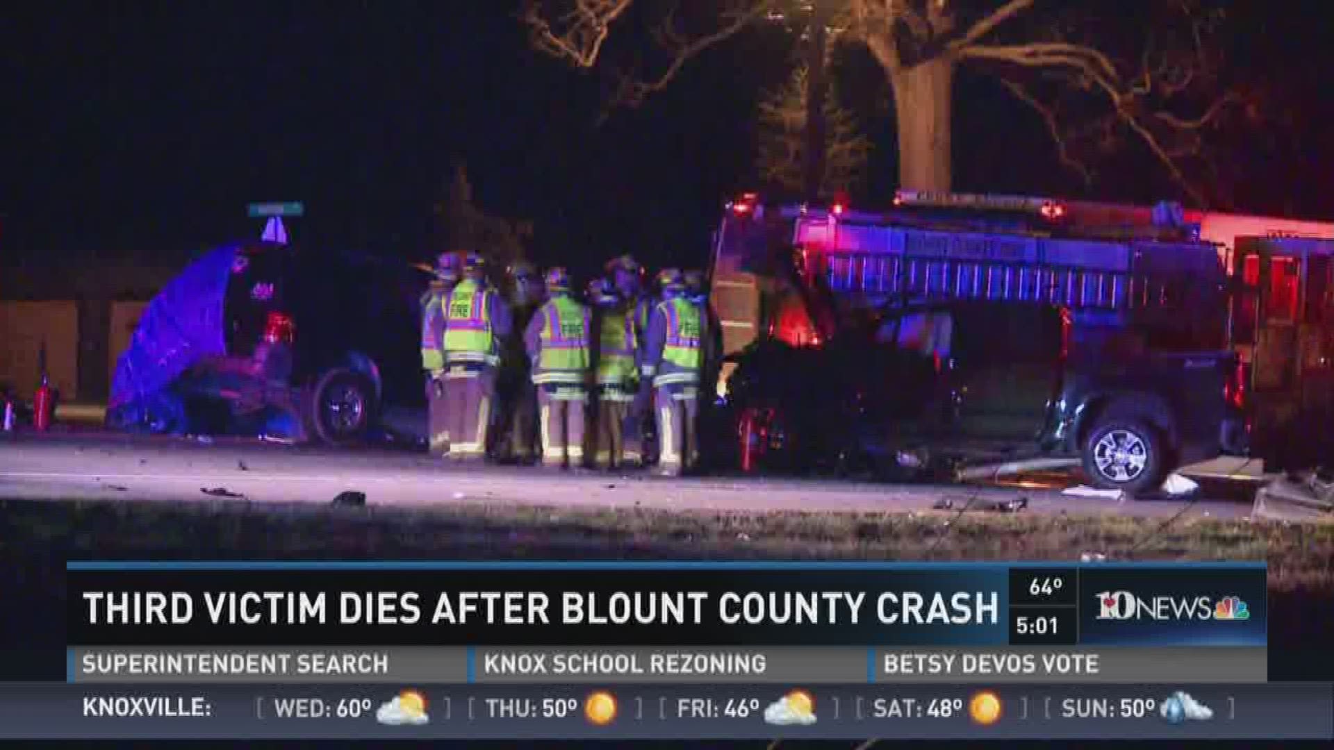 Jan. 31, 2017: According to UT Medical Center, a third person is dead after a crash in Blount County Saturday night.