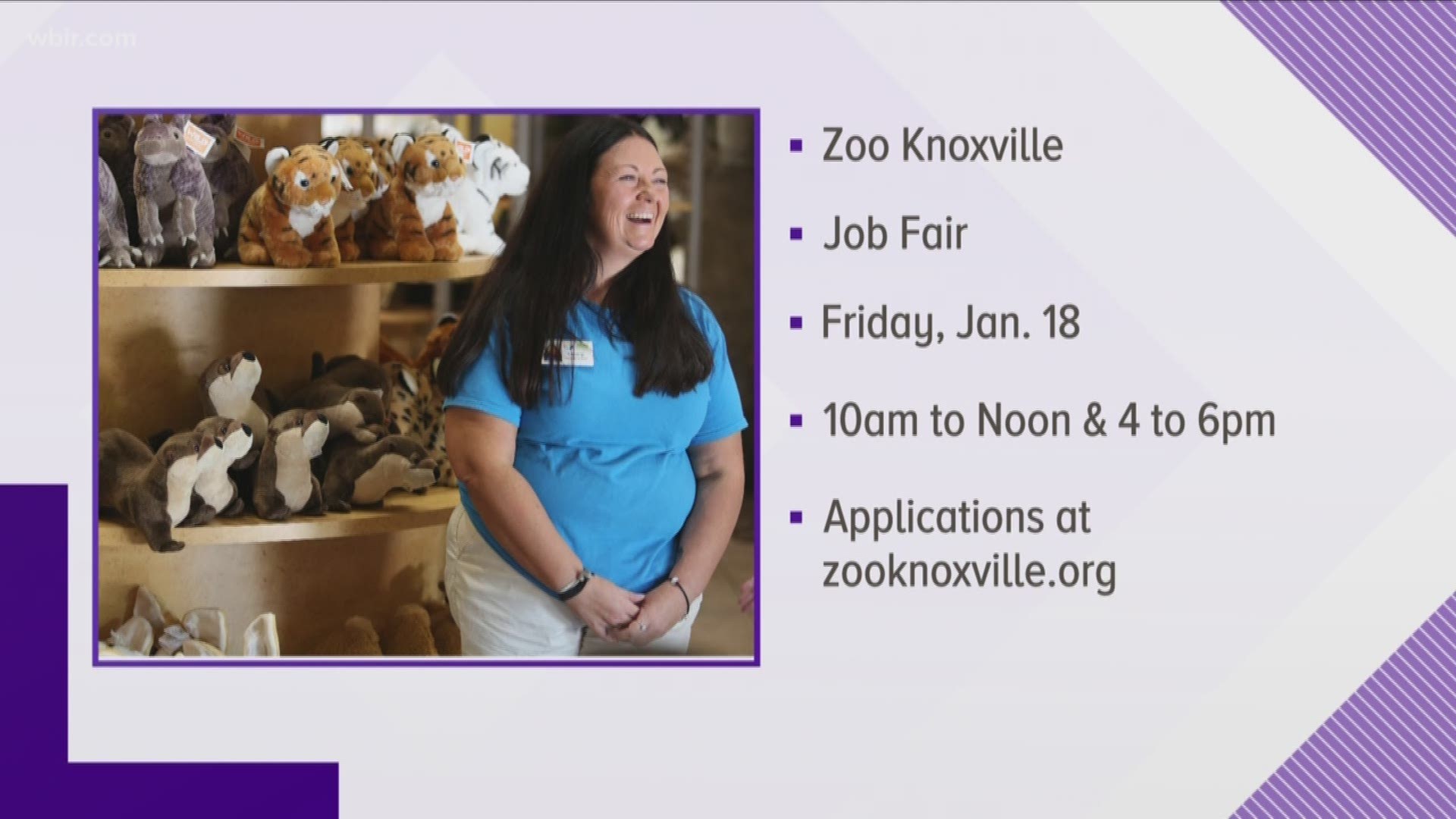 Zoo Knoxville will be accepting applications and interviewing candidates to fill 98 seasonal, variable hour positions on Friday, January 18, 2019.  Applications and interviews will be done in two sessions: 10:00 a.m. – noon and 4:00 p.m. – 6:00 p.m. at Zoo Knoxville. Applicants must be at least 16 years old. Jan. 14, 2019-4pm