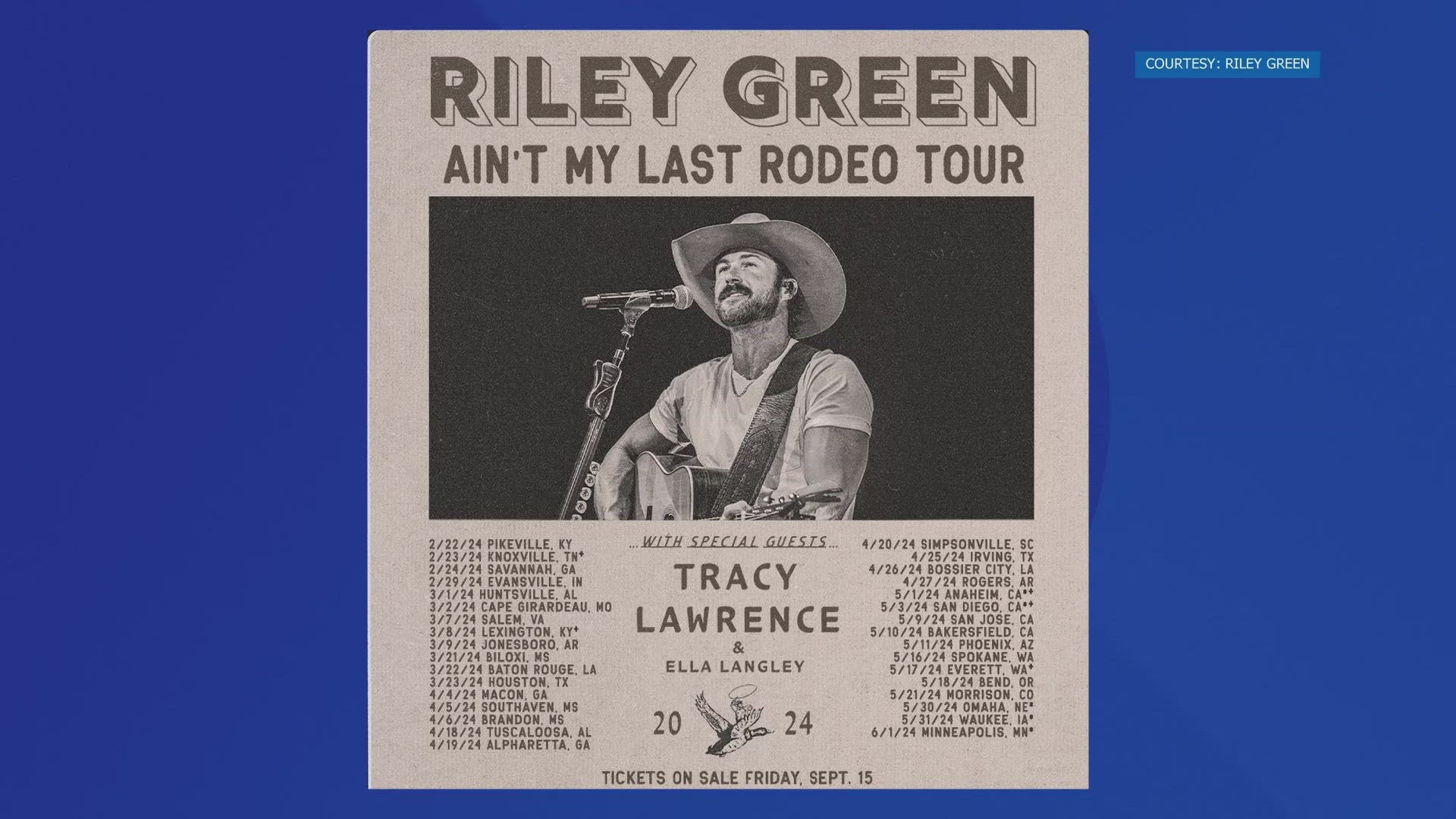 Riley Green will make a stop at Thompson-Boling Arena at Food City Center on Feb. 23 with special guests Tracy Lawrence and Ella Langley.