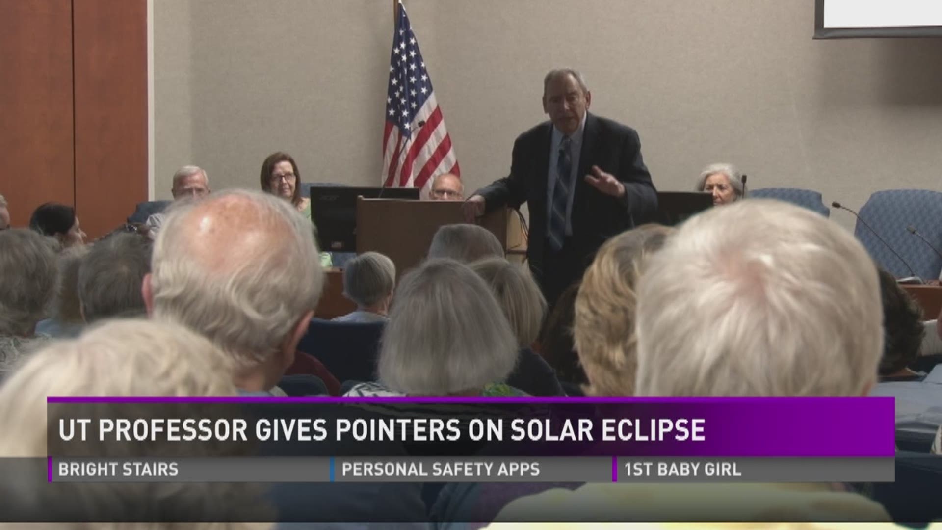 July 12, 2017: University of Tennessee professor Mark Littman spoke at a Farragut Town Hall about the best way to enjoy the total solar eclipse on Aug. 21.