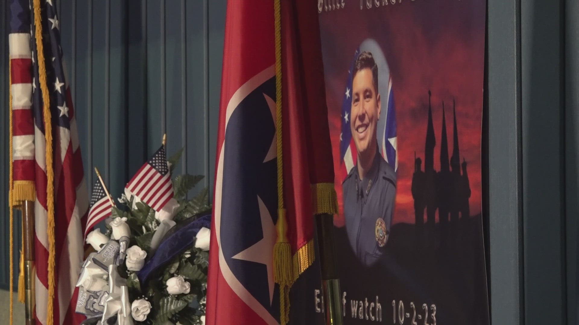 A memorial was made for Deputy Tucker Blakely outside city hall in Maynardville, where his brother serves as mayor.
