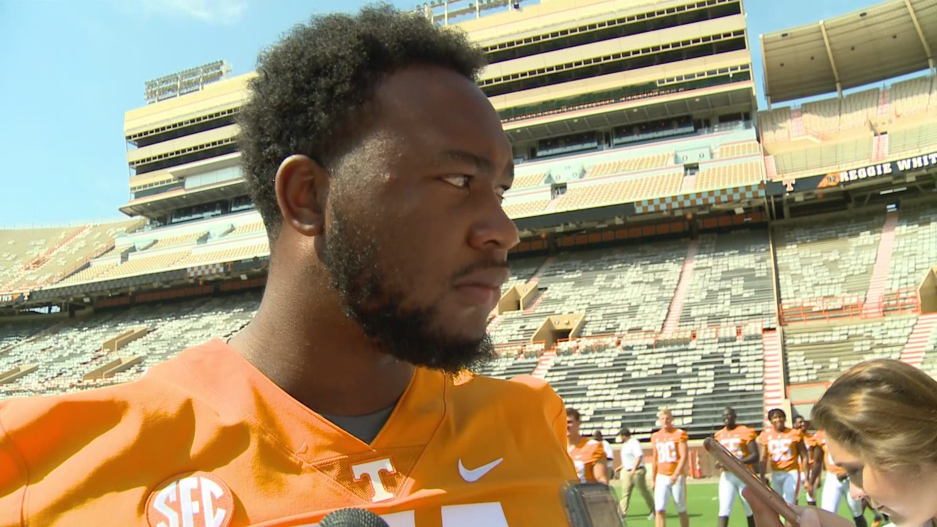 Offensive lineman Drew Richmond speaks with the media prior to Fan Day at Neyland Stadium.