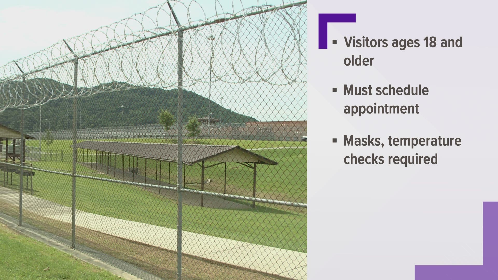 The state department of correction says visitors must be 18 or older and must schedule an appointment to maintain social distancing guidelines.