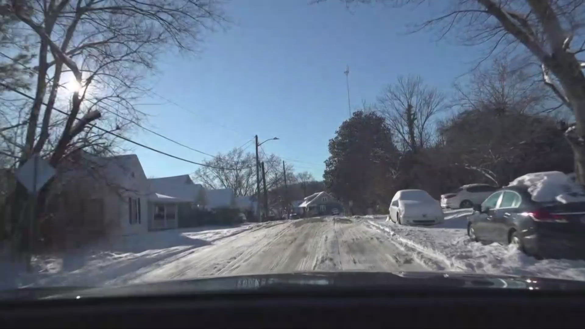 Katie Inman is on Atlantic Avenue off Broadway in where road conditions are still slushy.