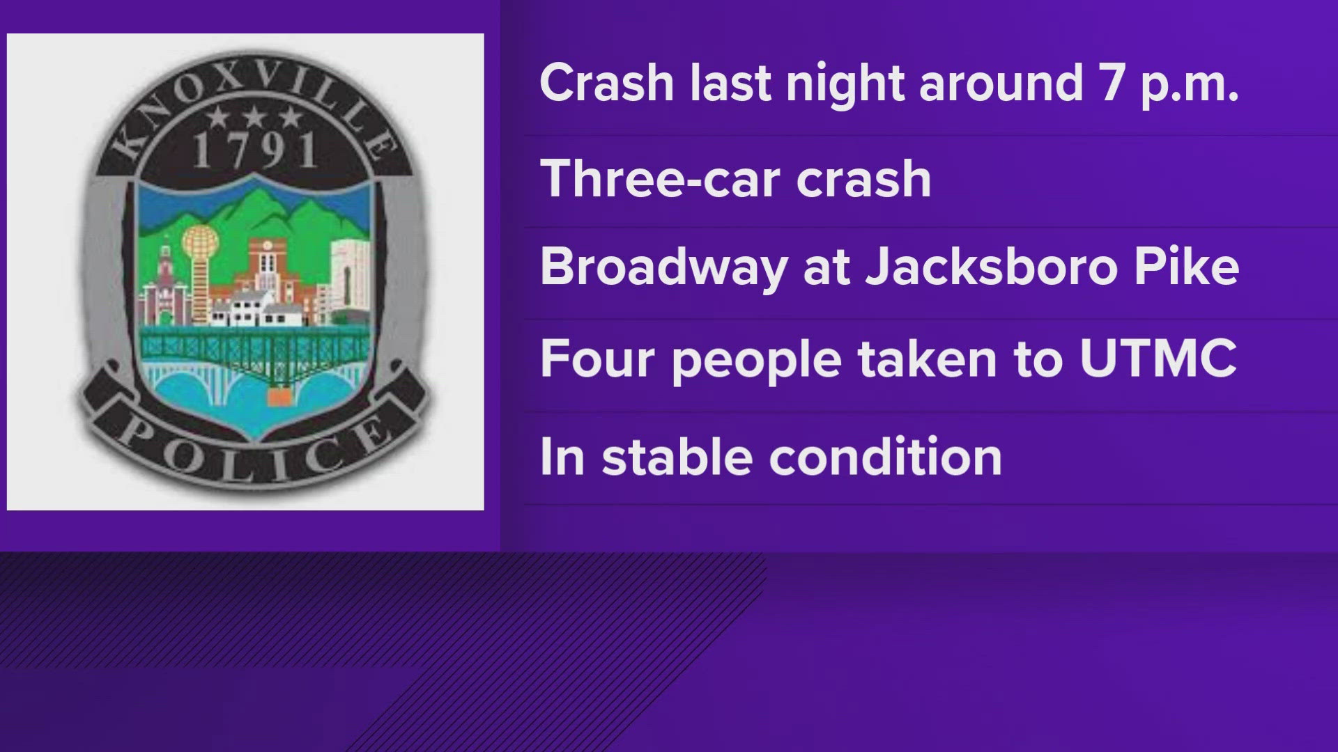 N Broadway St at Jacksboro Pike in Fountain City was briefly closed as officials responded to the scene Saturday evening.