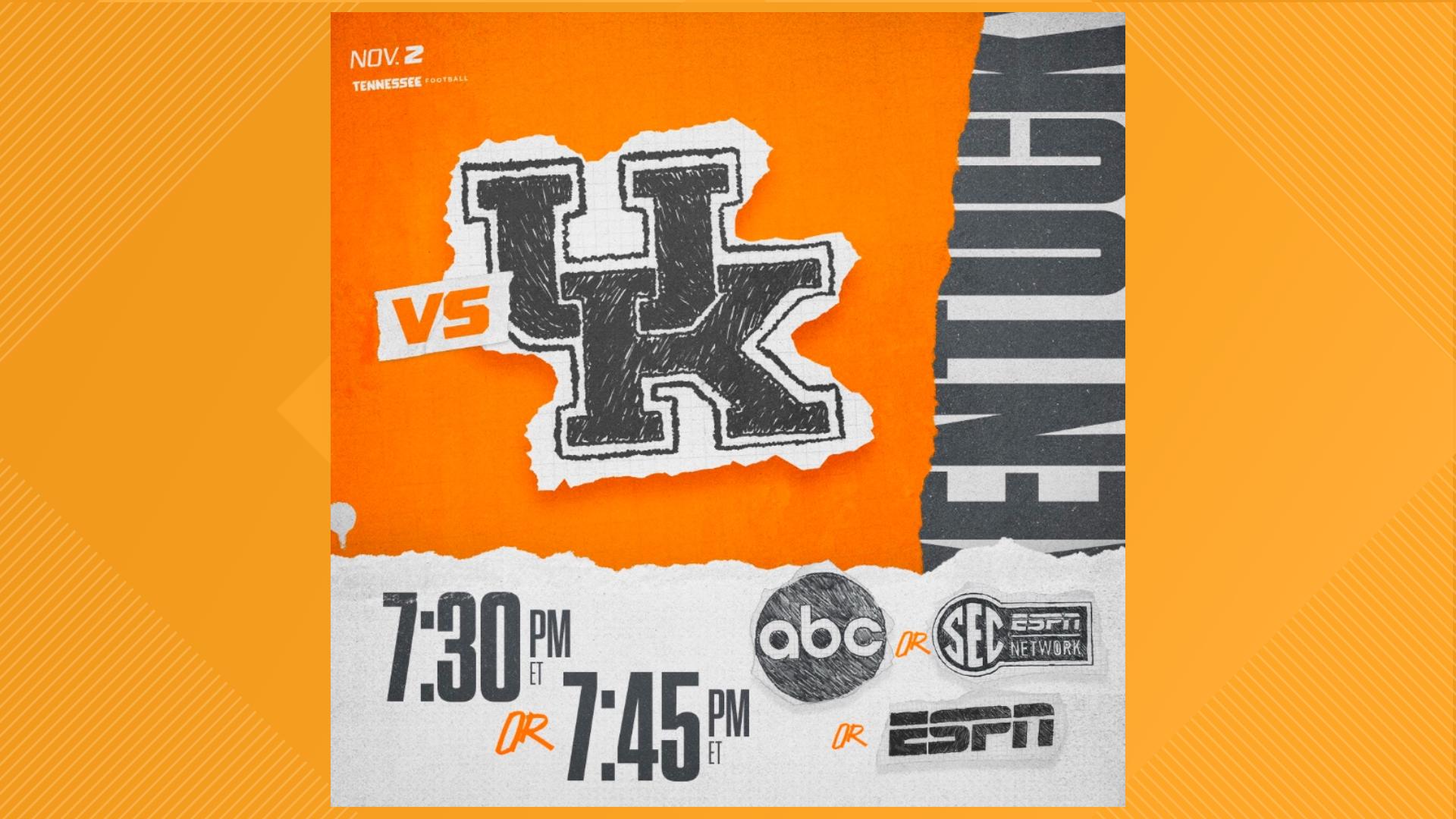 No. 7 Tennessee to play Kentucky at night