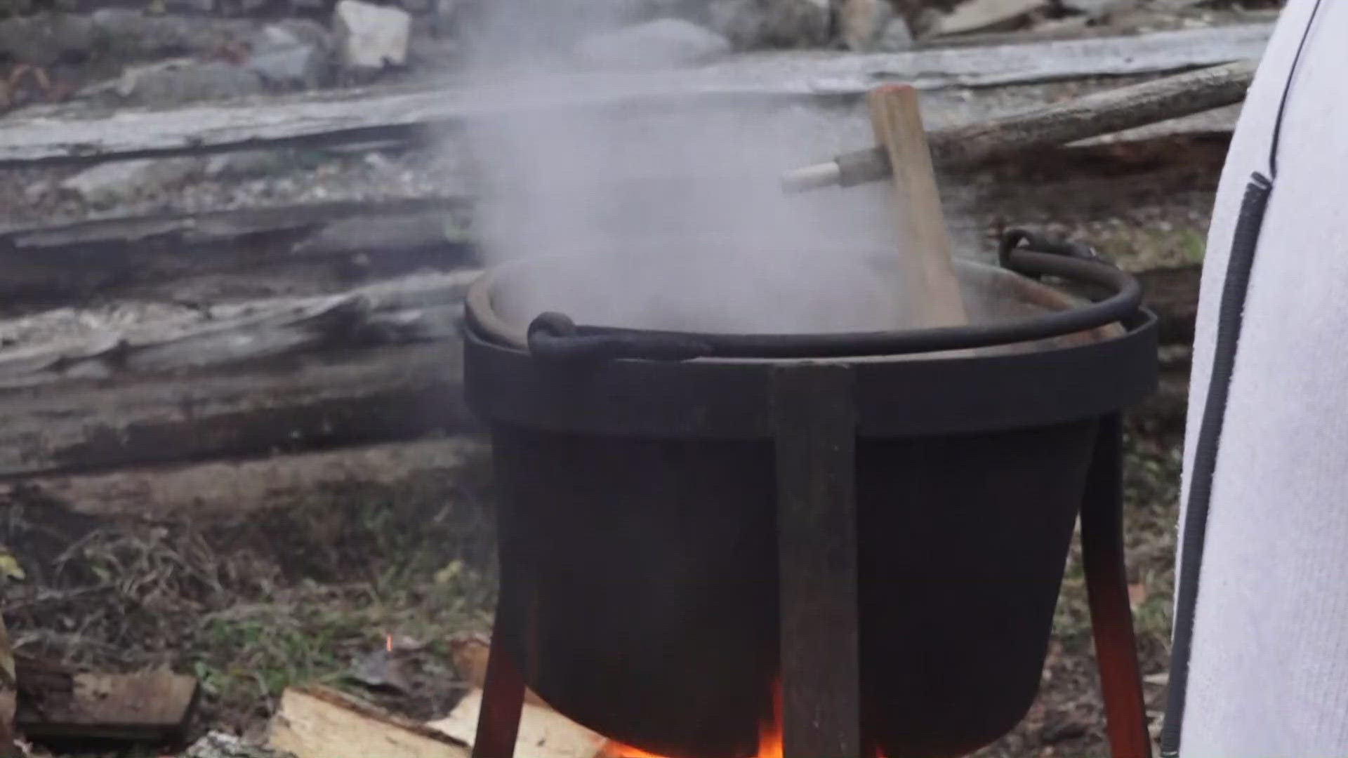 After the apples are peeled, it takes eight hours to make the apple butter.