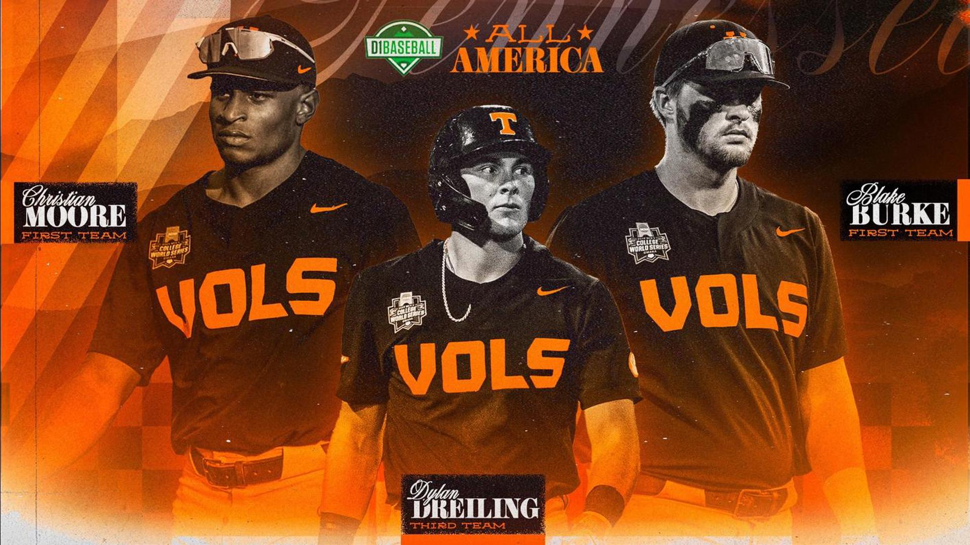 Chrisitan Moore, Dylan Dreiling and Blake Burke were all recognized for their impressive seasons after Tennessee baseball won the College World Series.