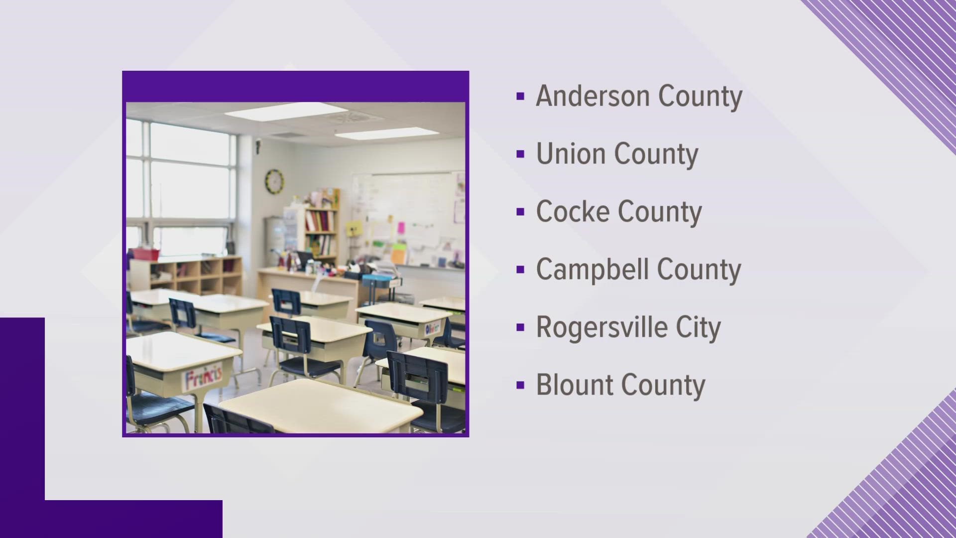 At least six East Tennessee school districts are closed because of illness, that includes schools in Anderson, Blount, Union and more.