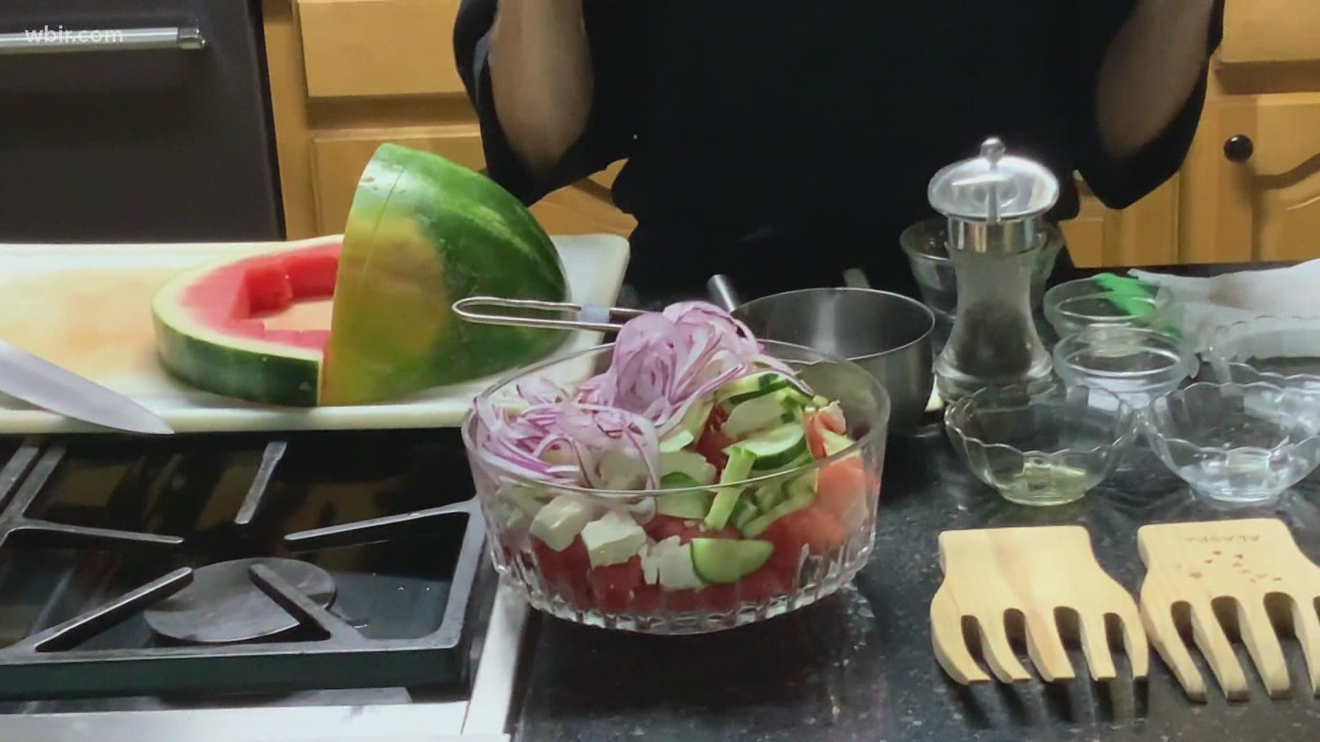 Terri Geiser makes a summer watermelon salad.