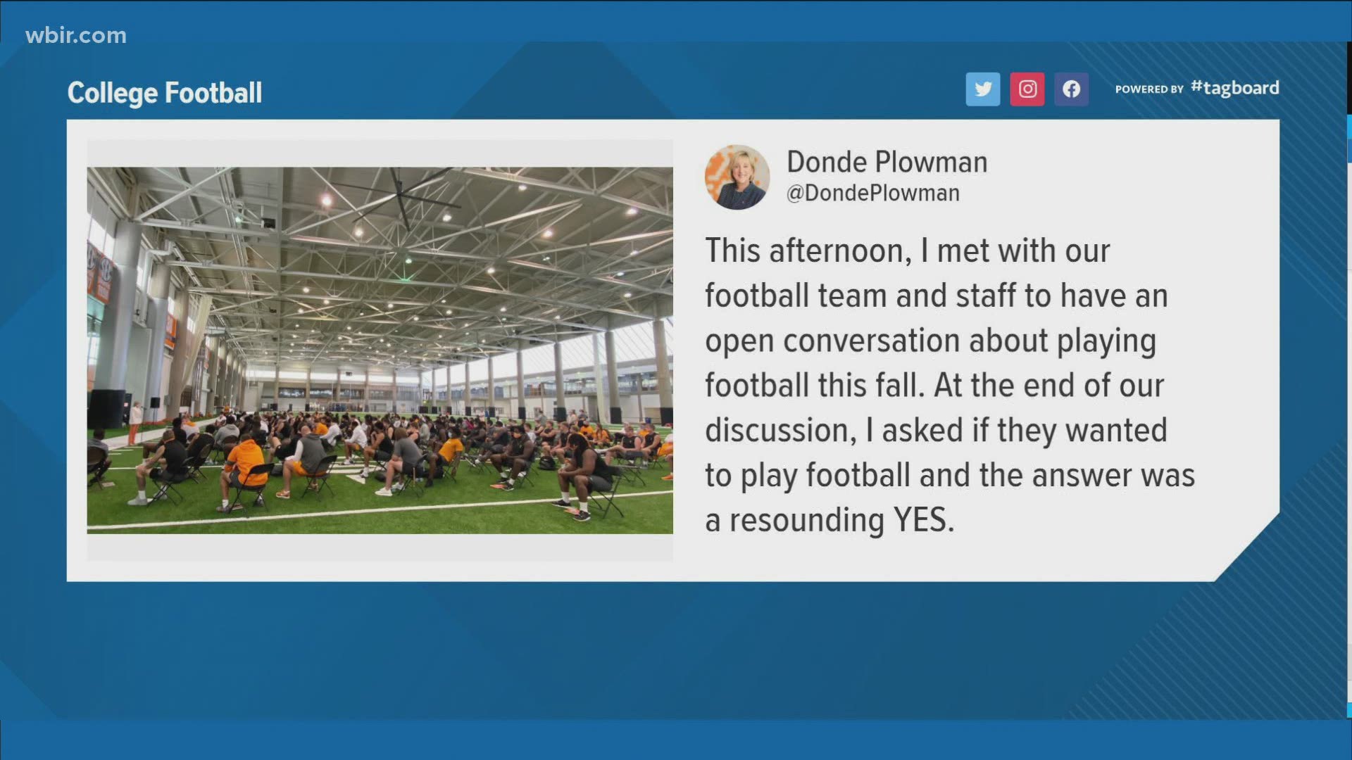 UT Chancellor Donde Plowman tweeted saying she talked with the football team. She said, "I asked if they wanted to play football and the answer was YES."