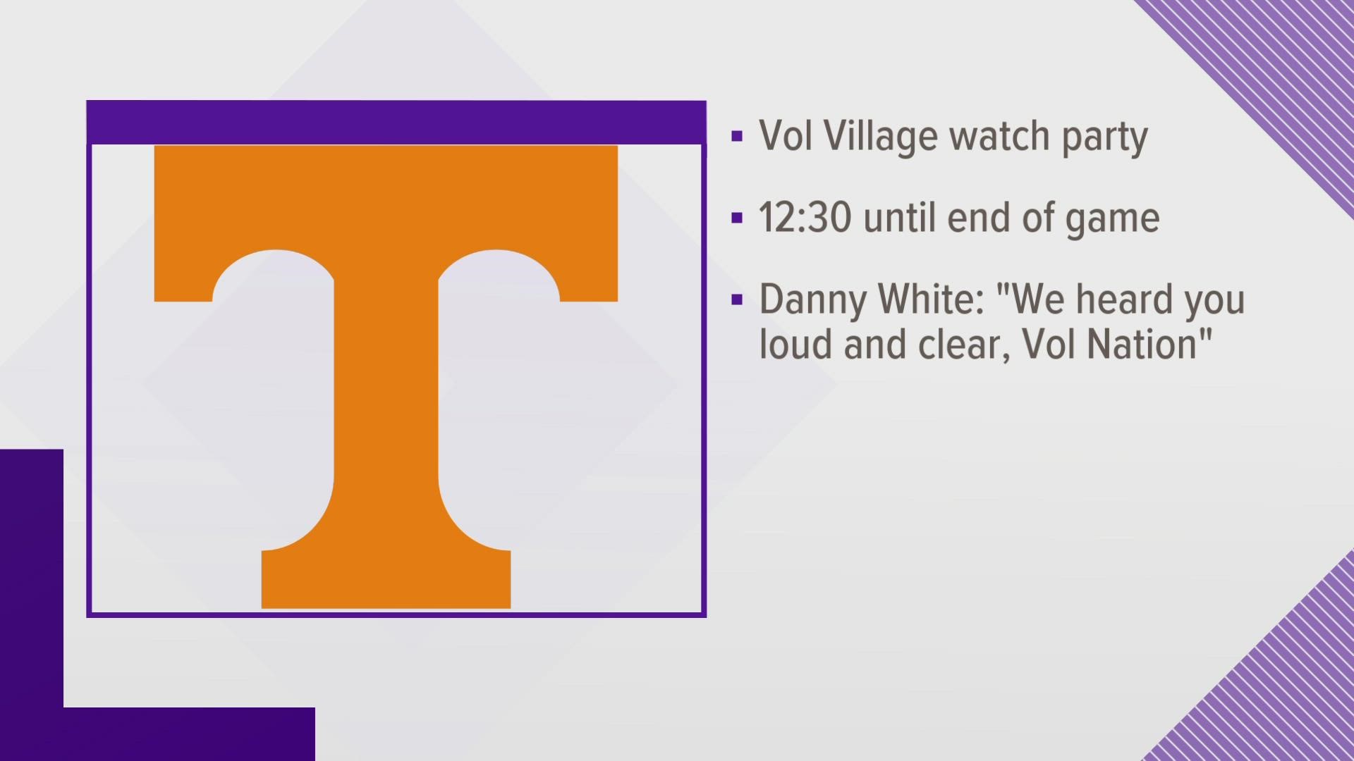 The Vols will host a public watch party for people who can't get a ticket this weekend. They'll be showing the game in Vol Village at 12:30 p.m.