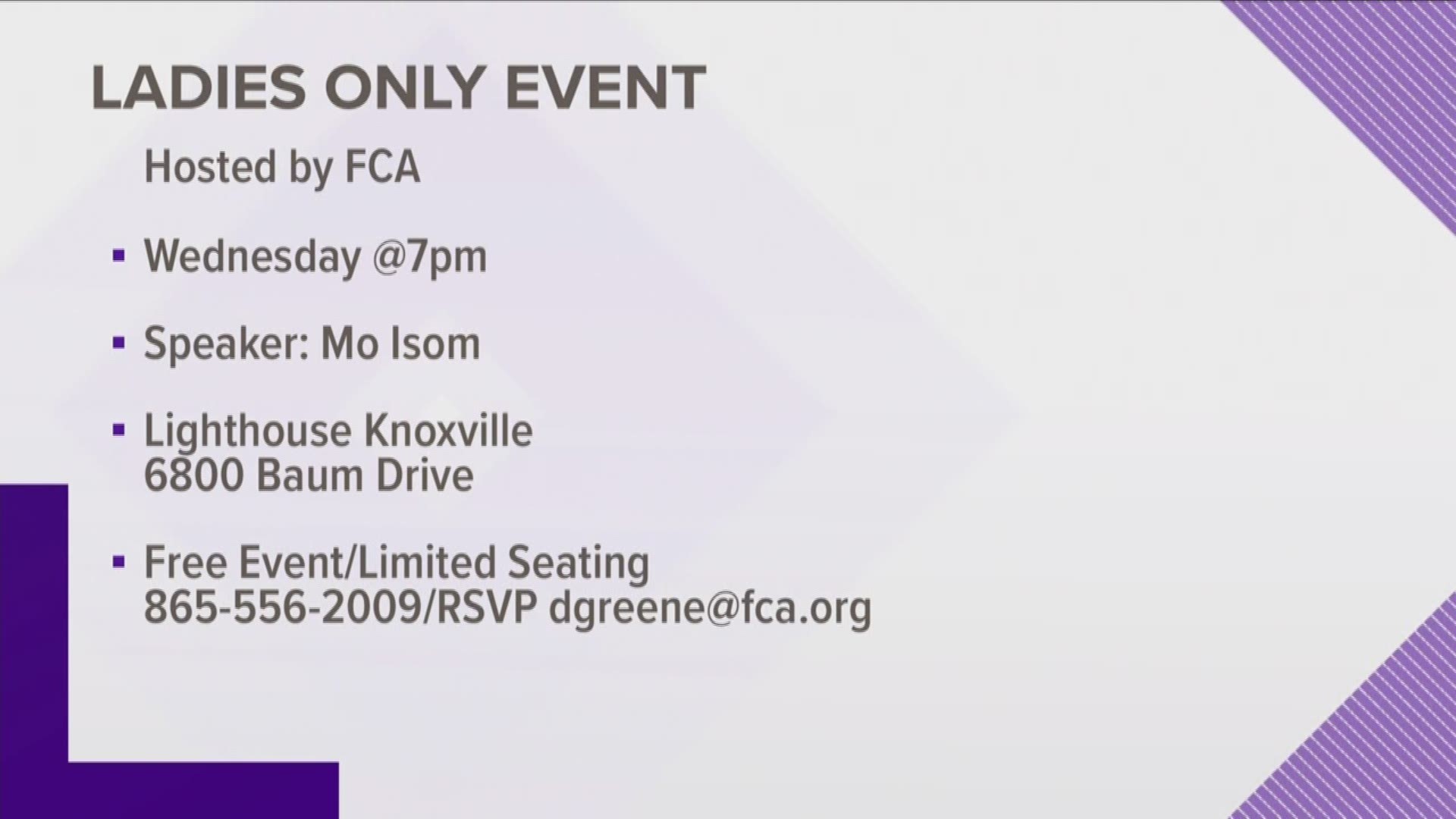 The free event is Wednesday at 7 p.m. at the Lighthouse Knoxville. RSVP to dgreene@fca.org.
