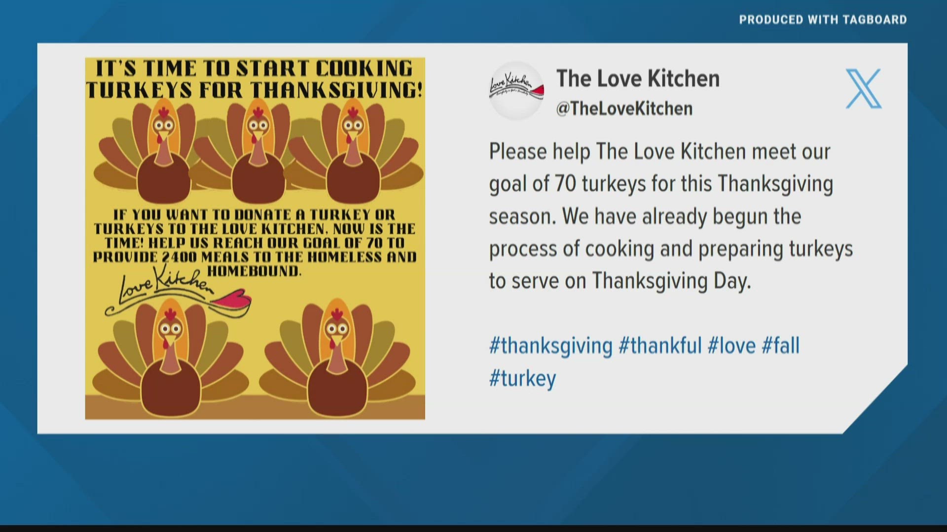 The non-profit is asking the public to help them reach their goal of 70 donated turkeys.