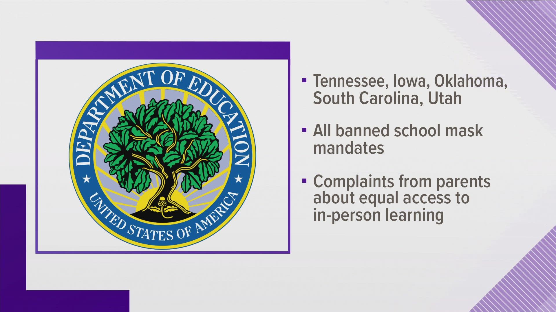 The U.S. Department of Education is opening an investigation into Tennessee and four other states over school mask mandate bans