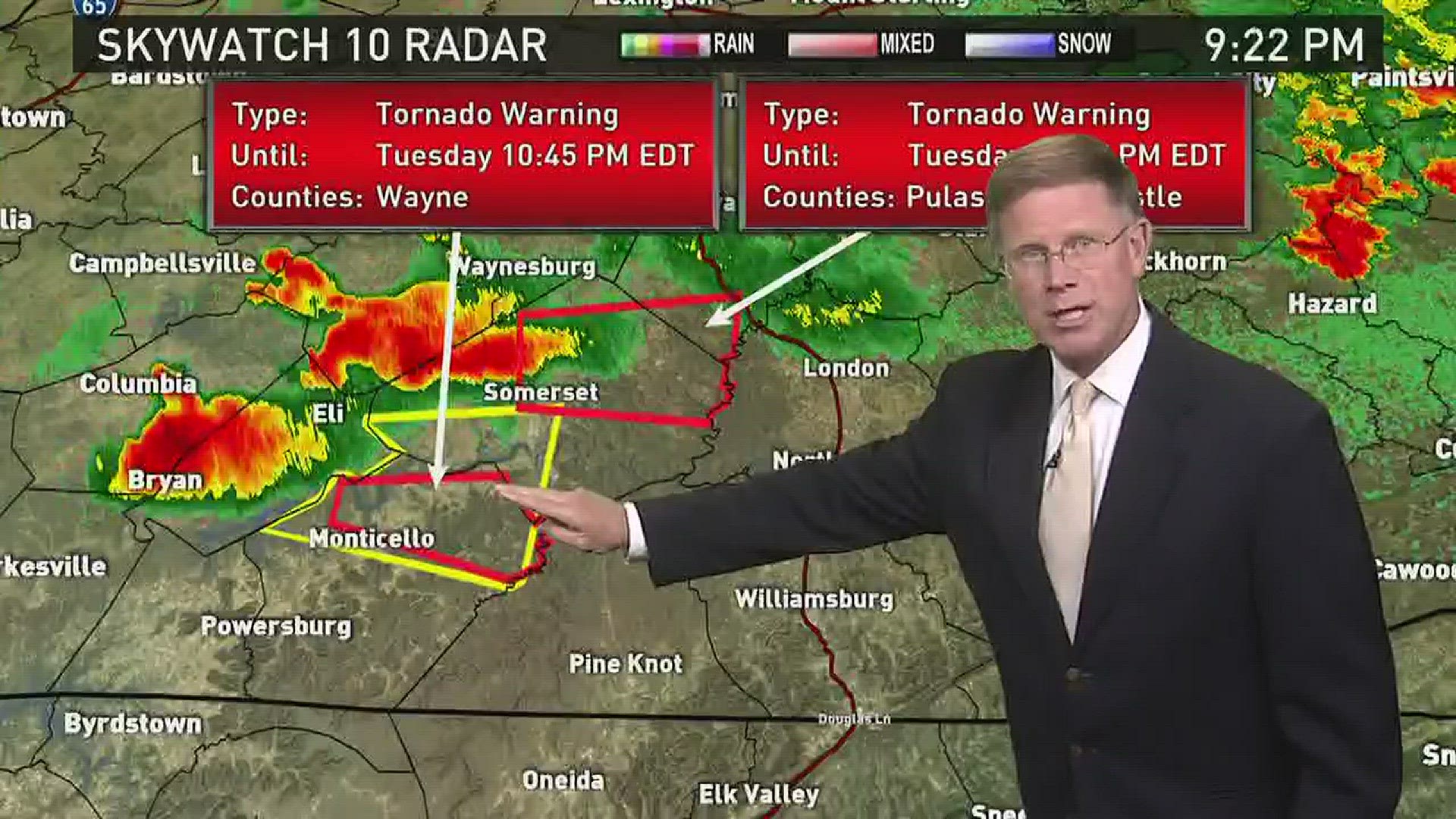 May 10, 2016 at 10:15 p.m. Todd Howell updates us on storms hitting Kentucky, especially as tornado warnings are issued for Wayne & Pulaski counties.