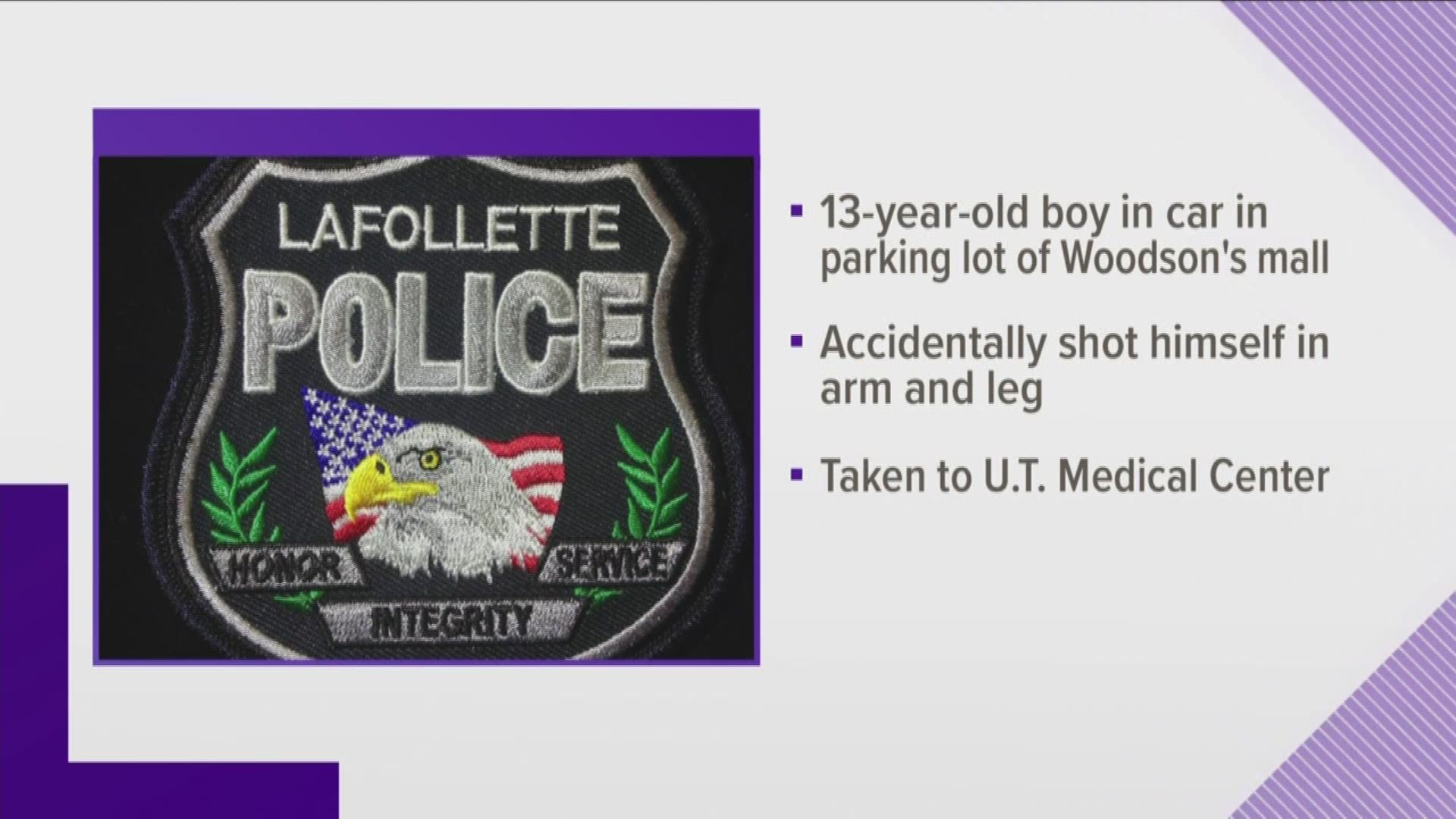 LaFollette Police said a 13-year-old boy was in his parents' vehicle when he took a 9 mm handgun from the dashboard and accidentally shot himself in the arm and leg.