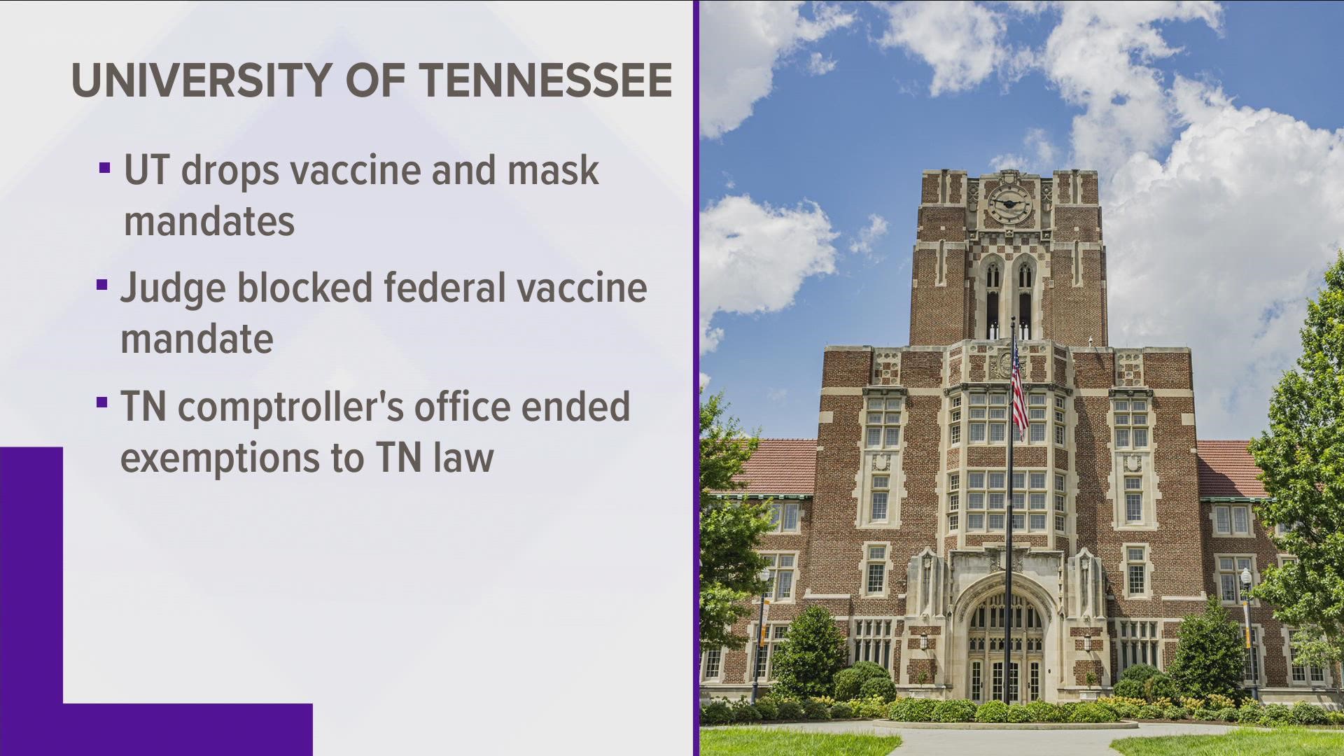 On Wednesday, UT Knoxville sent another letter letting faculty, staff and students know they would be dropping COVID-19 mask and vaccine rules again.