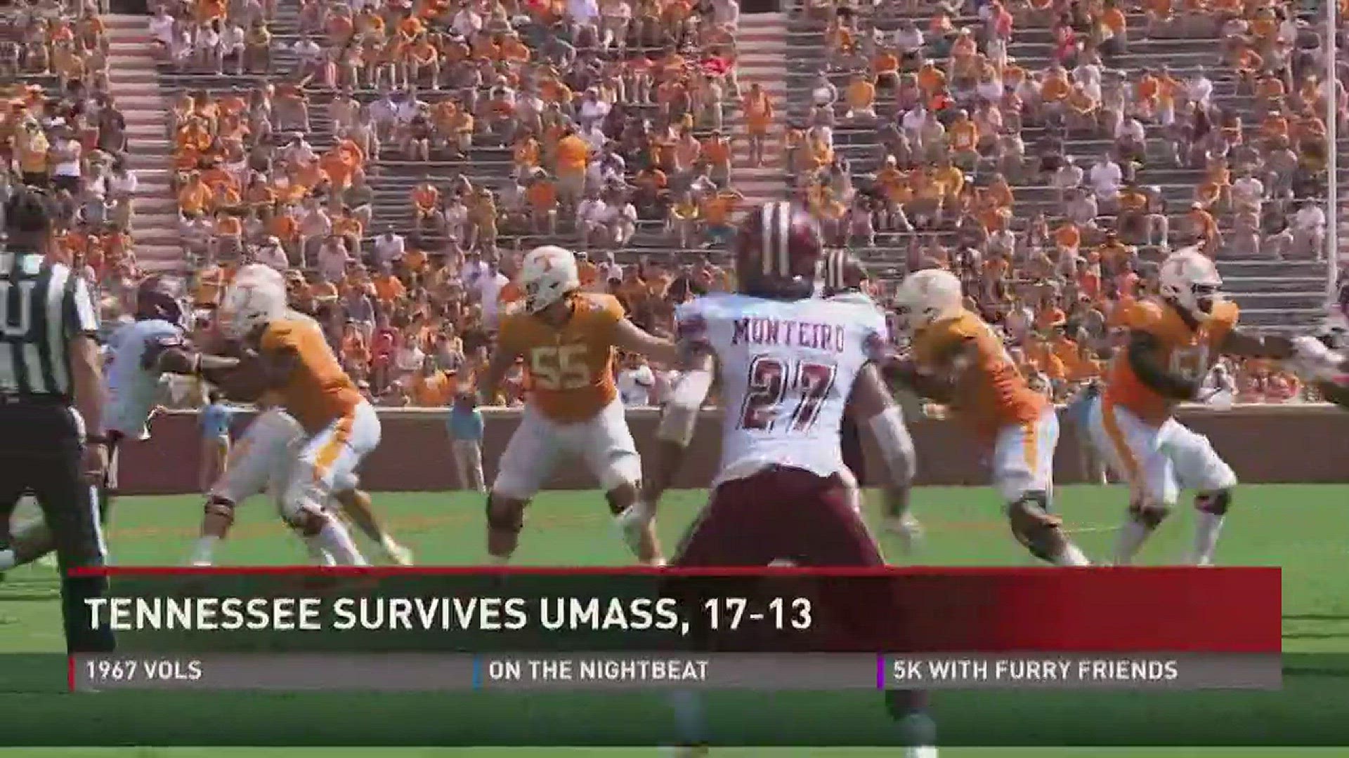 Tennessee survives UMass, 17-13.