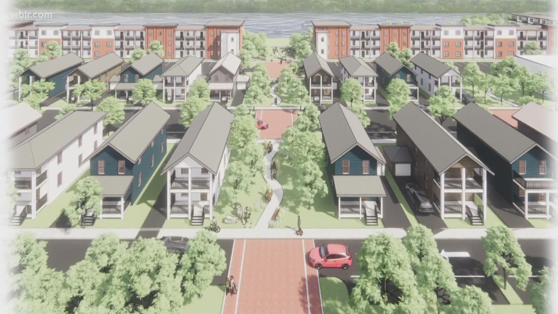 A developer plans to build an apartment complex and rental neighborhood with pocket parks and riverfront walking trails.