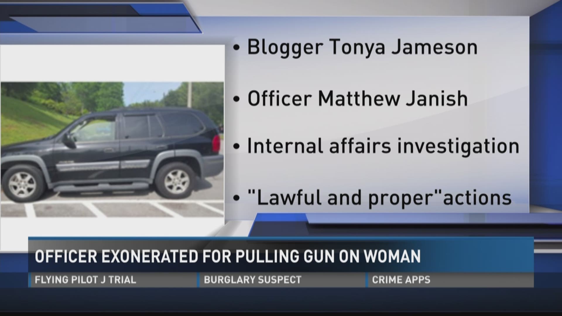 June 20, 2017: An Internal Affairs investigation cleared a Knoxville police officer after he pulled a gun on North Carolina woman while off duty.