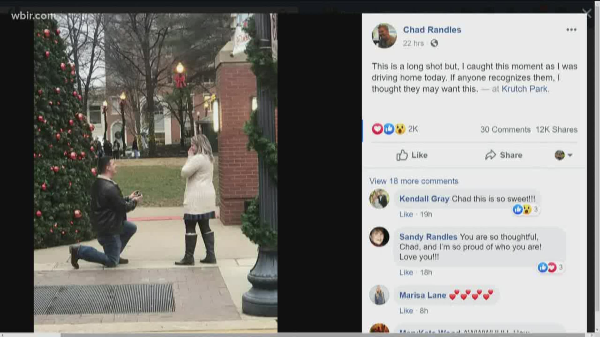 Chad Randles was heading home from work when he saw a man get down on one knee and pop the question to his girlfriend in Krutch Park in Downtown Knoxville.