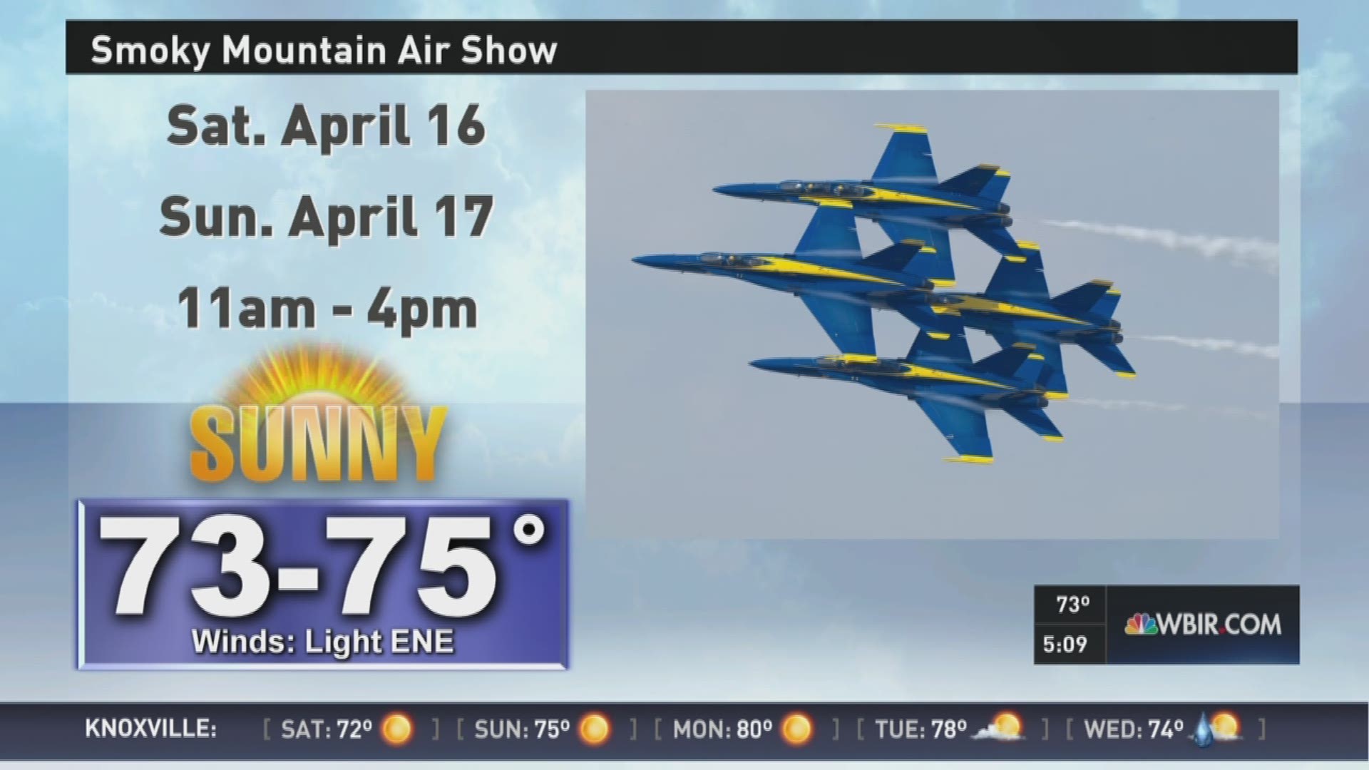 April 15, 2016 at 5 p.m. Todd brings us the weather from McGhee Tyson Air National Guard base