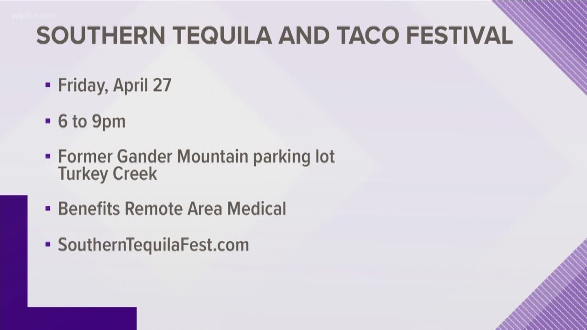 The Southern Tequila and Taco Festival runs from 6 to 9pm in the former Gander Mountain Parking Lot (Turkey Creek) Event benefits Remote Area Medical (RAM) which is based in Knoxville. For more information visit SouthernTequilaFest.com.