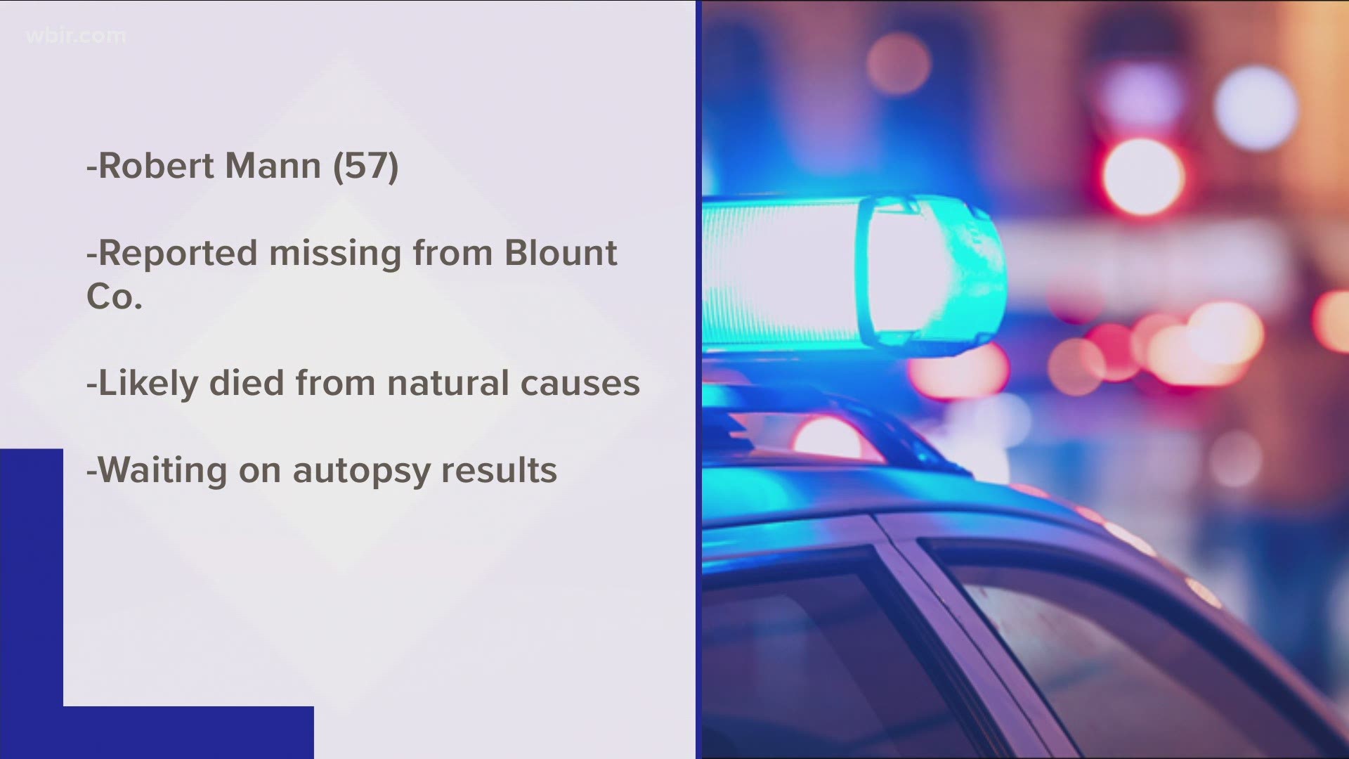Officials say they found the body Saturday morning and identified the person as 57-year-old Robert Mann who was reported missing from Blount County.