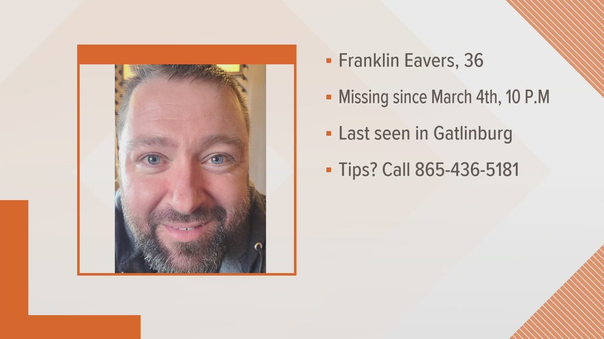 Franklin Eavers was last seen in Gatlinburg around 10 p.m. on March 4.