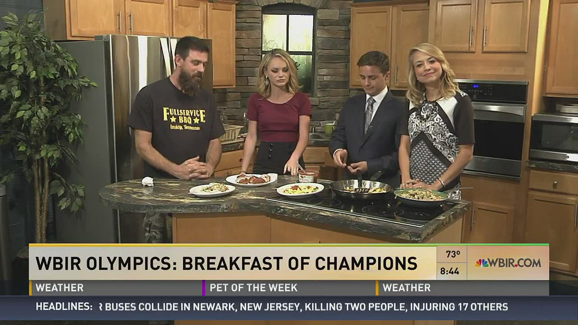Daniel Sechtin, Brittany Bade, and Rebecca Sweet all compete to see who can make the best breakfast.