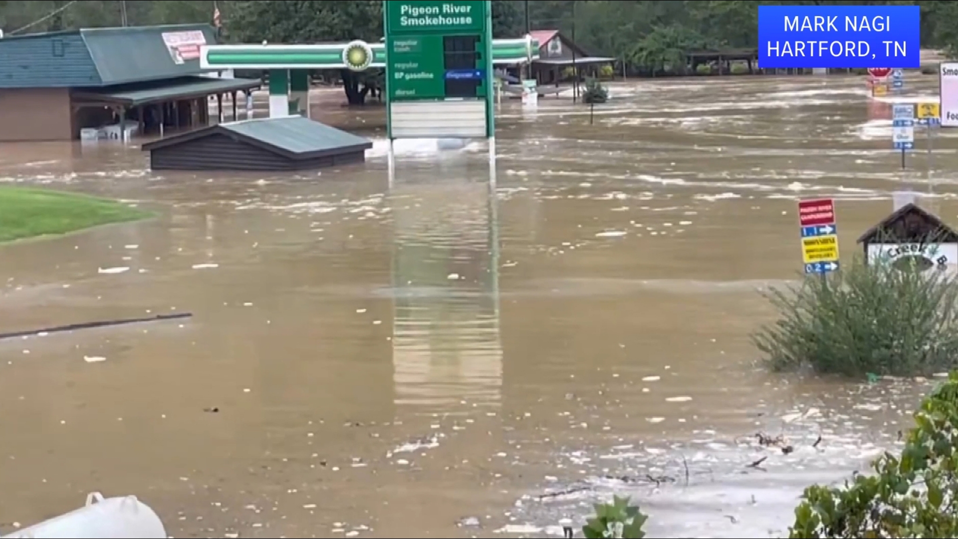 The Pigeon and French Broad rivers flooded over in Cocke County on Friday as Helene dumped water all along its path.