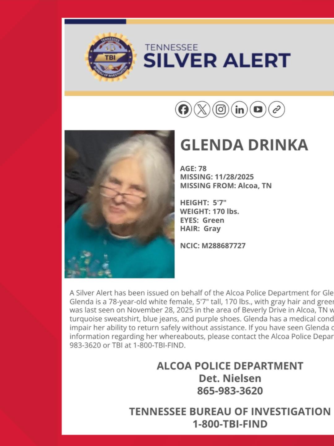 Update: TBI cancels Silver Alert after 78-year-old Glenda Drinka found ...