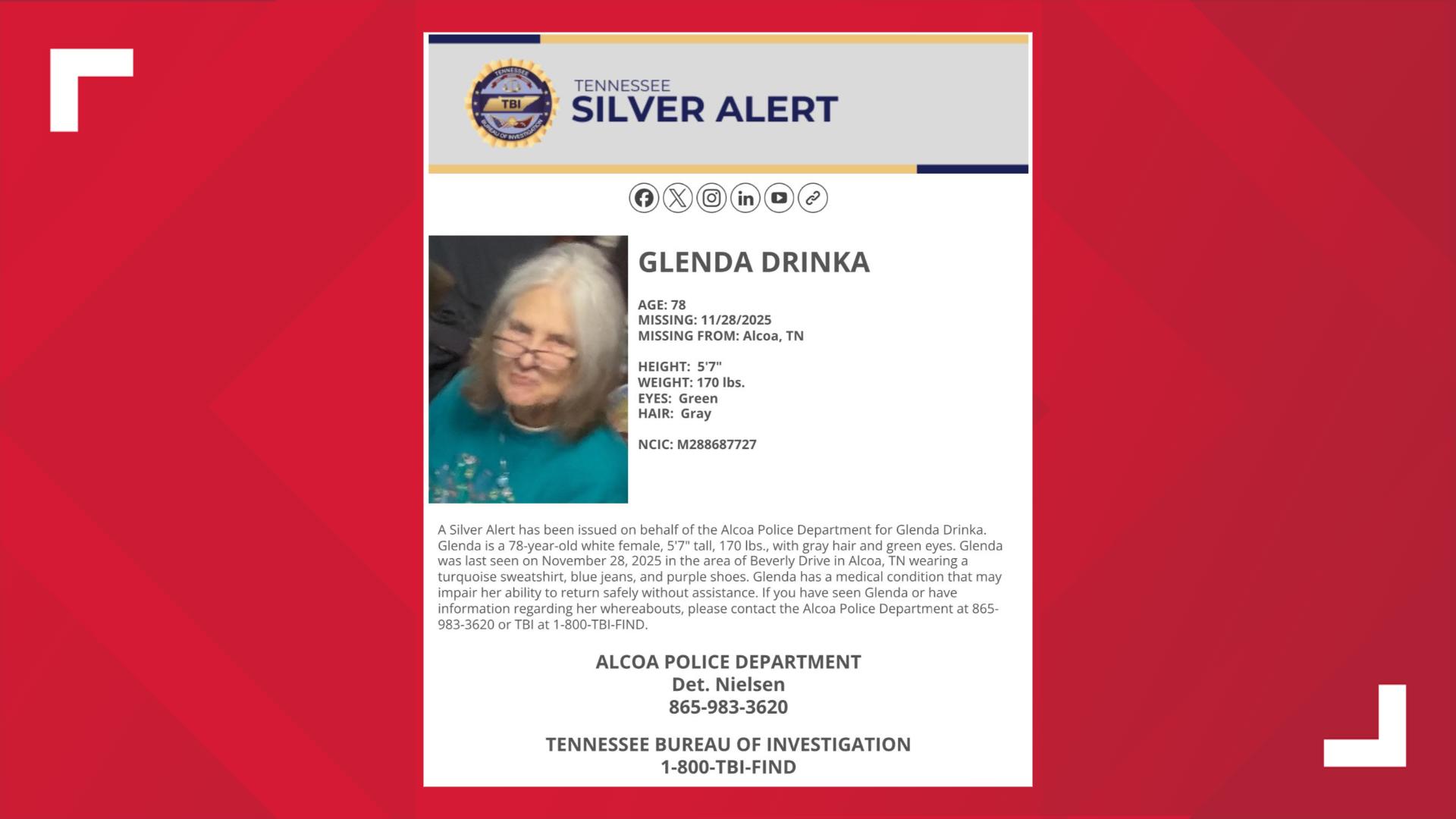 Update: TBI cancels Silver Alert after 78-year-old Glenda Drinka found ...